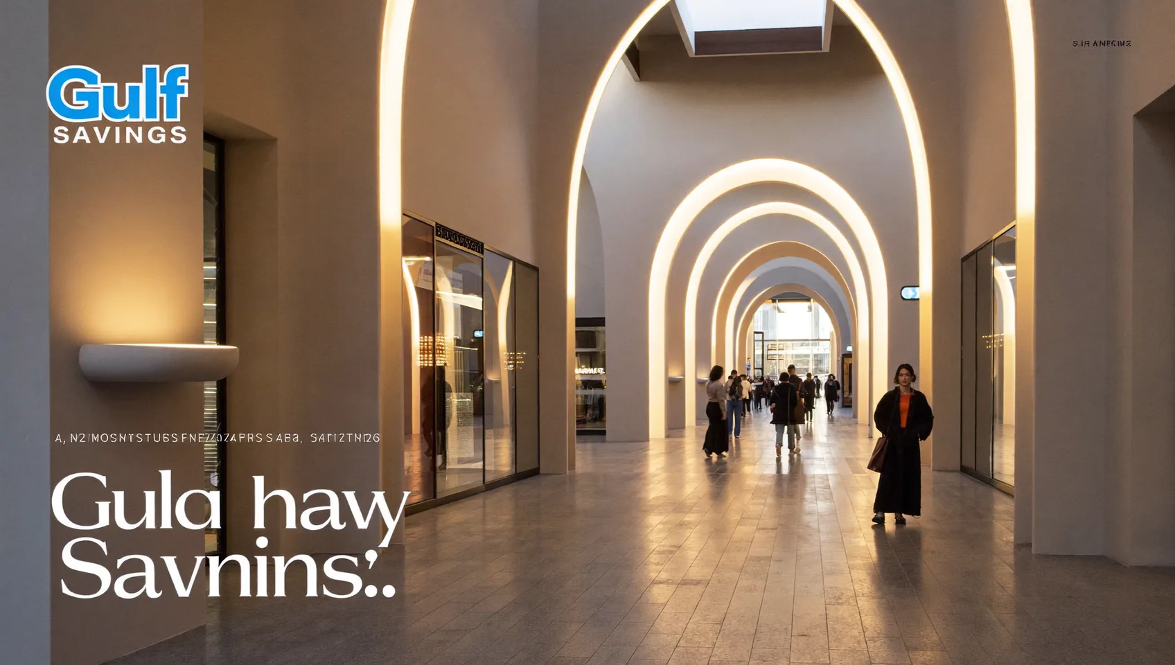 A bright mall gallery of storefront arches